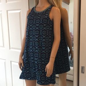 Cute Navy/Turq Print Shift Style Sleeveless Dress